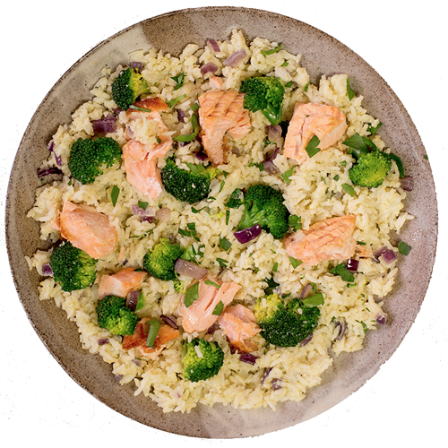 Lachs Reis Pfanne mit Broccoli
