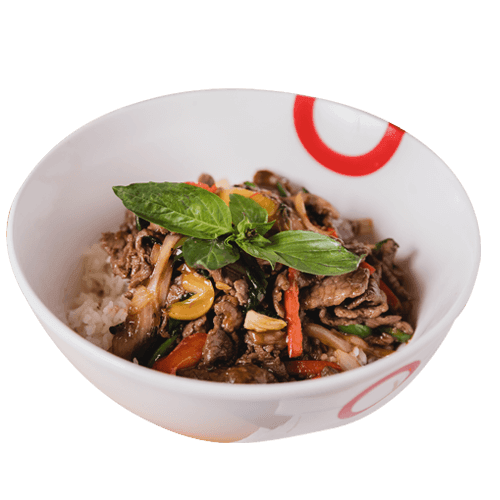 Reisschale mit Thaibasilikum, Chili und einer Fleischsorte Ihrer Wahl