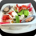 Fried noodles with seafood and vegetables