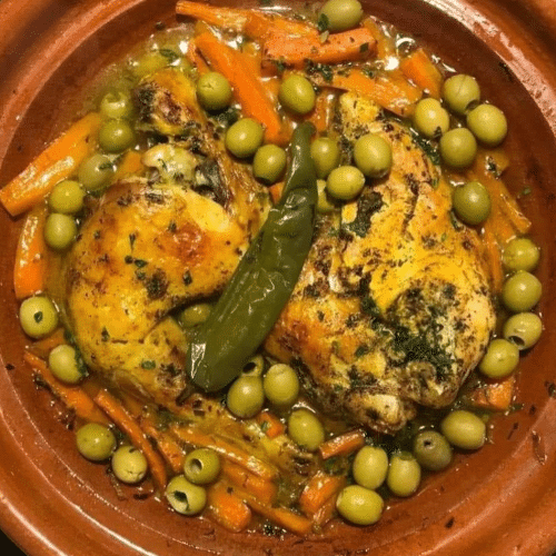 Huhntajine mit pommes oder Reis als beilage.