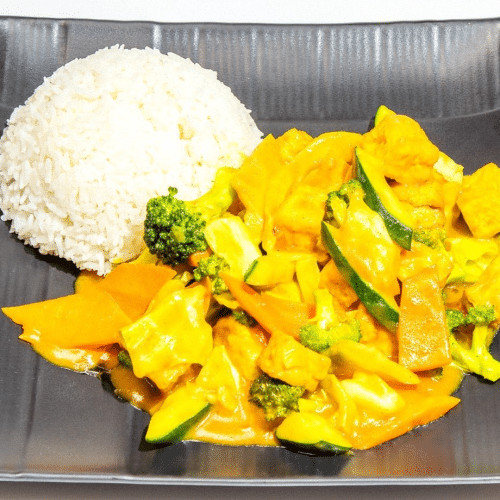 Bali Tofu mit Wokgemüse, süßlich, dazu Reis