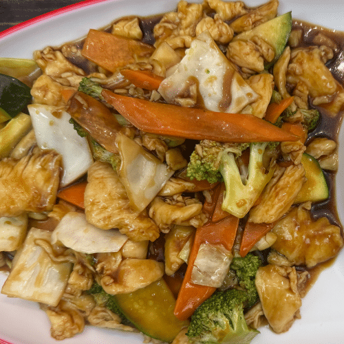 Huhn mit Wokgemüse nach Sichuan Art , dazu Reis