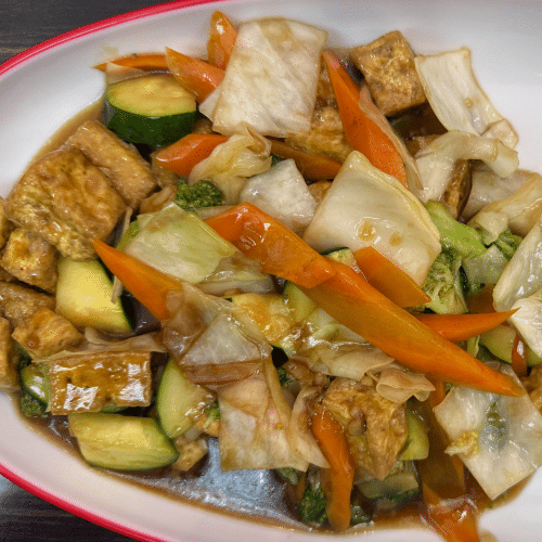 Tofu mit Wokgemüse nach Sichuan Art , dazu Reis
