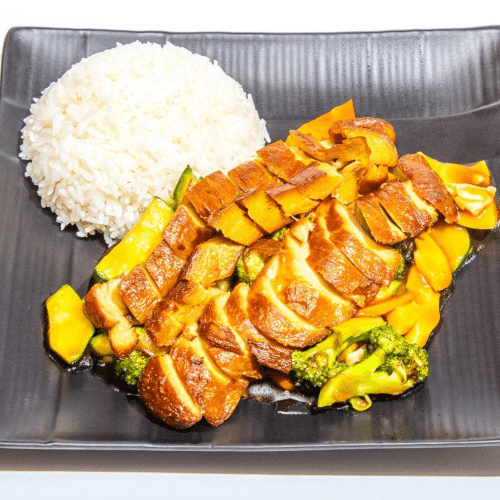 Vegan Ente mit Wokgemüse , dazu Reis