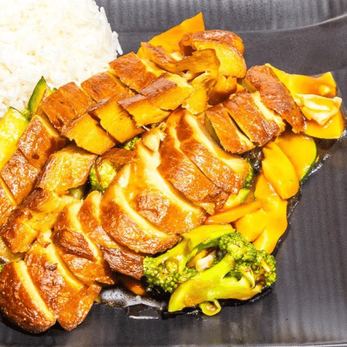Vegan Ente Sichuan , dazu Reis (scharf)