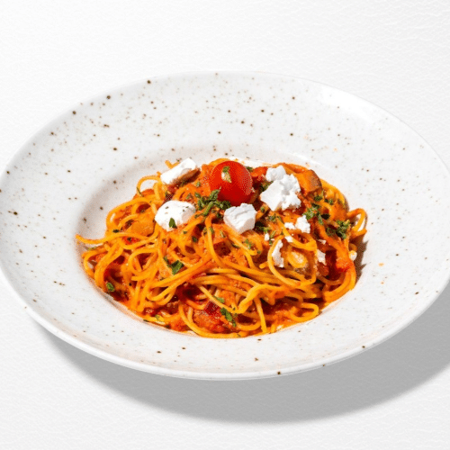 Pasta con Pesto Rosso e Feta